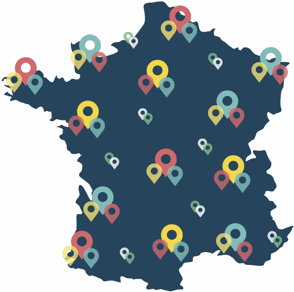 Carte de France avec pins de localisation colorés de photographes scolaires locaux